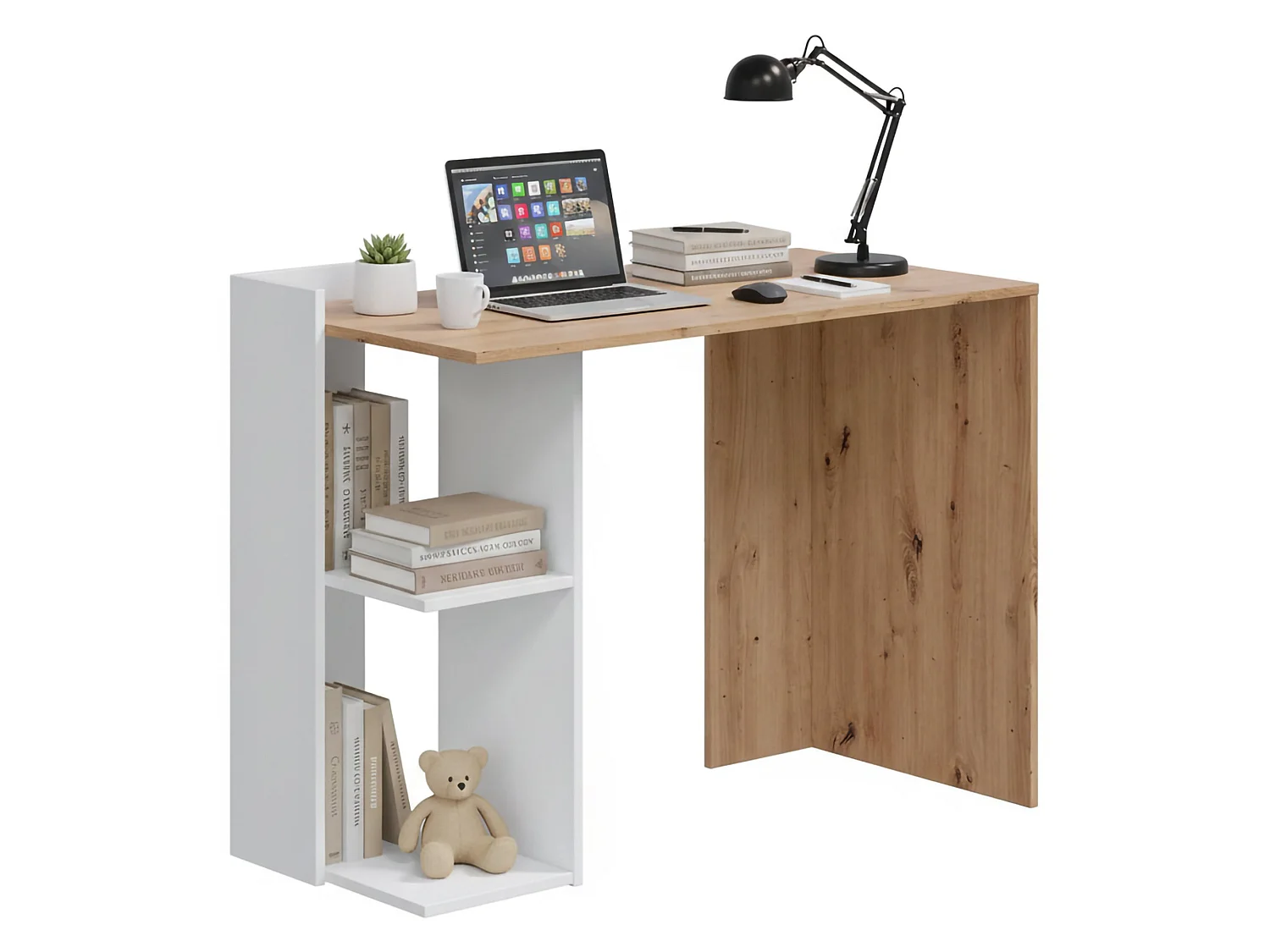 Bureau Dmonti, Bureau multi-positions réversible multifonctions, Table d'étude ou de bureau pour PC avec étagère et étagères, 100x52h78 cm, Chêne blanc et noué