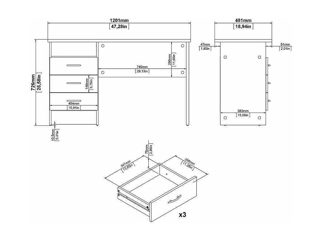 Lineair bureau met drie laden, kleur wit eiken, afmetingen 120 x 72 x 48 cm