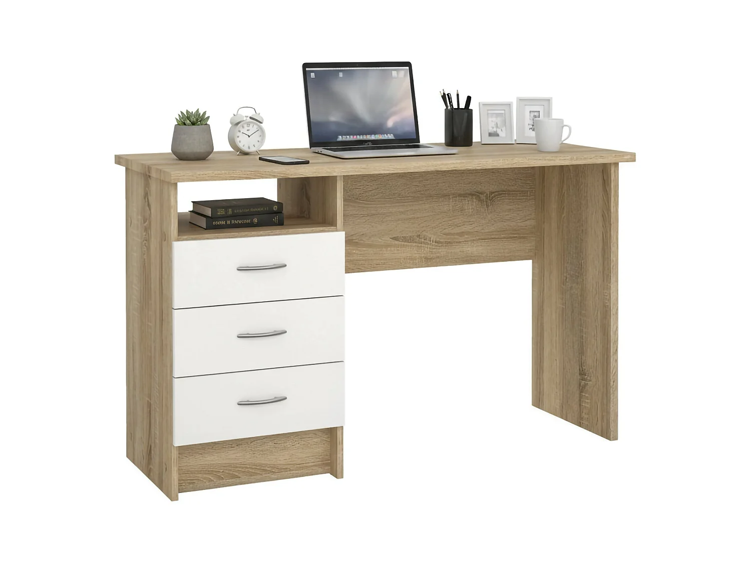 Bureau linéaire à trois tiroirs, couleur chêne blanc, Dimensions 120 x 72 x 48 cm