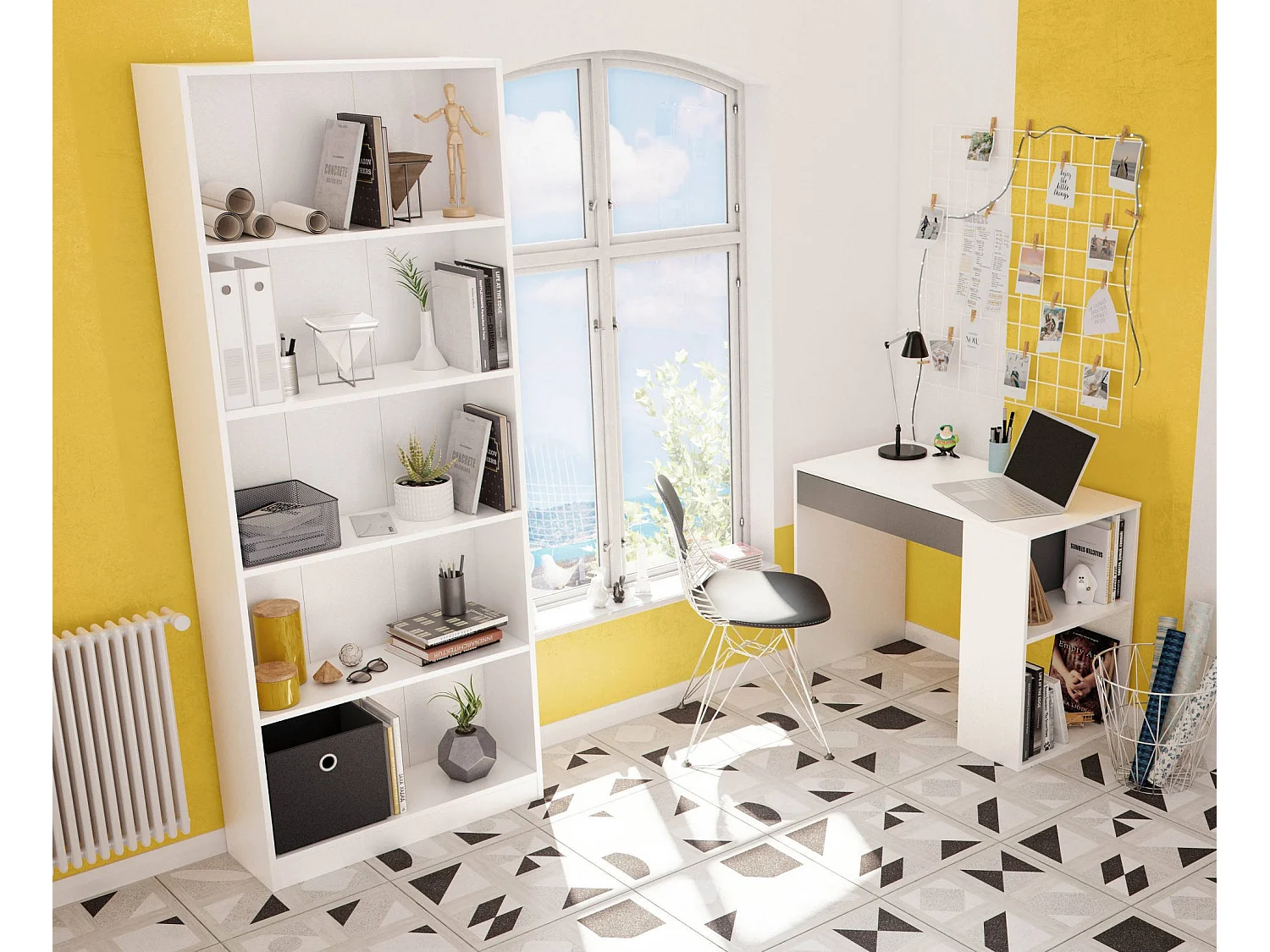 Bureau Boise, Bureau multifonction réversible avec tiroir, Table d'étude ou de bureau pour PC, 101x50h73 cm, Blanc et Anthracite