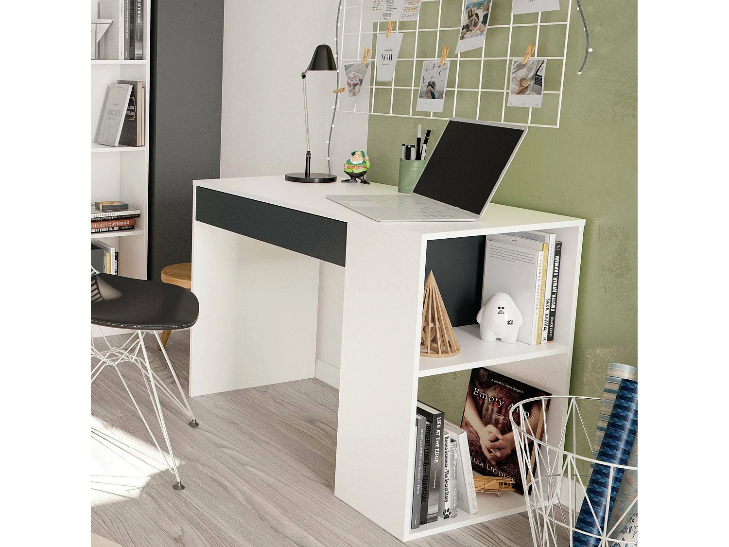 Bureau Boise, Bureau multifonction réversible avec tiroir, Table d'étude ou de bureau pour PC, 101x50h73 cm, Blanc et Anthracite