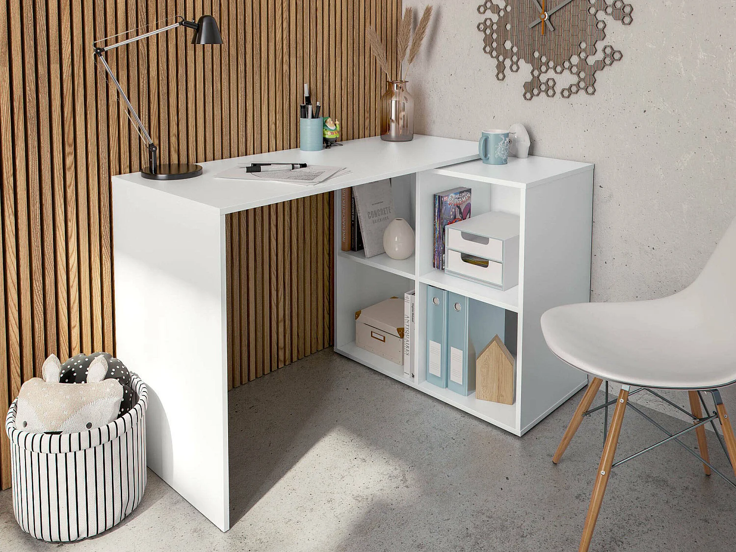 Bureau Dmanci, Bureau d'angle, Table de bureau polyvalente, Bureau multi-positions peu encombrant, 152x49h74 cm, Blanc