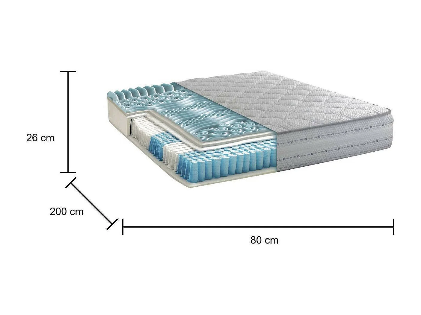 Matelas simple Dledr, matelas à mémoire de forme et à ressorts ensachés, 100% Made in Italy, anti-acariens et hypoallergénique, 80x200h26 cm