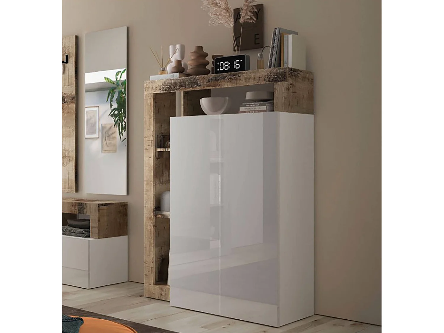 Armoire polyvalente à 2 portes Dbea, Meubles multifonctionnels, Support à chaussures, Made in Italy, 78x35 h116 cm, Blanc brillant et Chêne clair