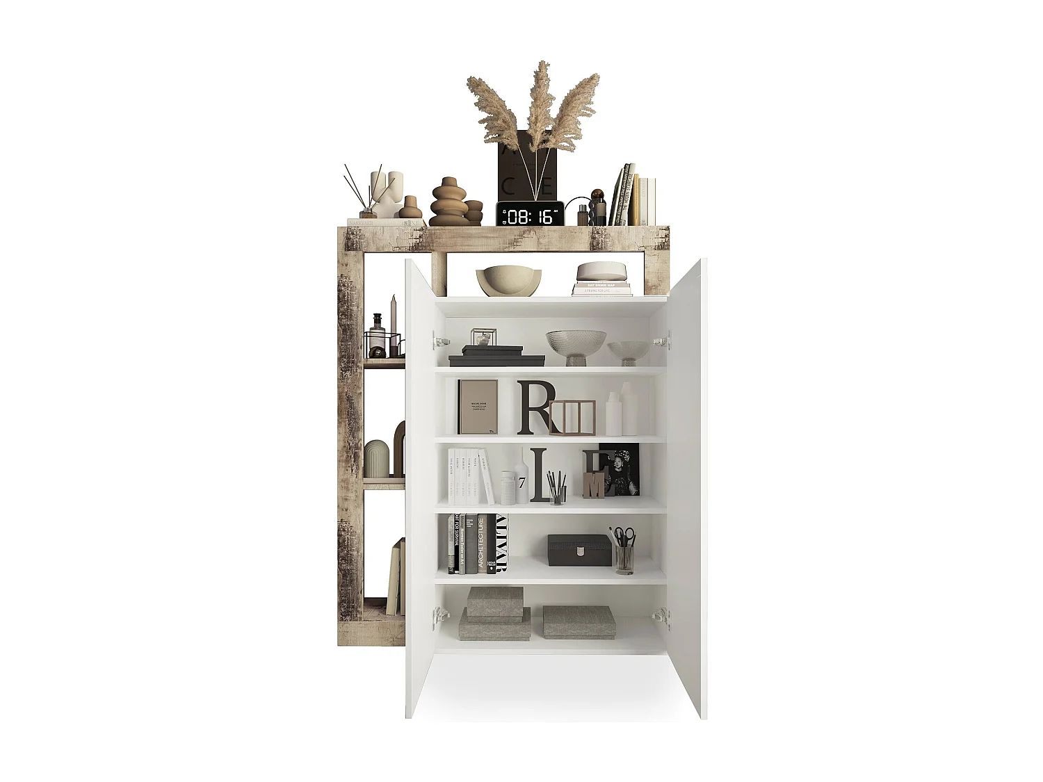 Armoire polyvalente à 2 portes Dbea, Meubles multifonctionnels, Support à chaussures, Made in Italy, 78x35 h116 cm, Blanc brillant et Chêne clair