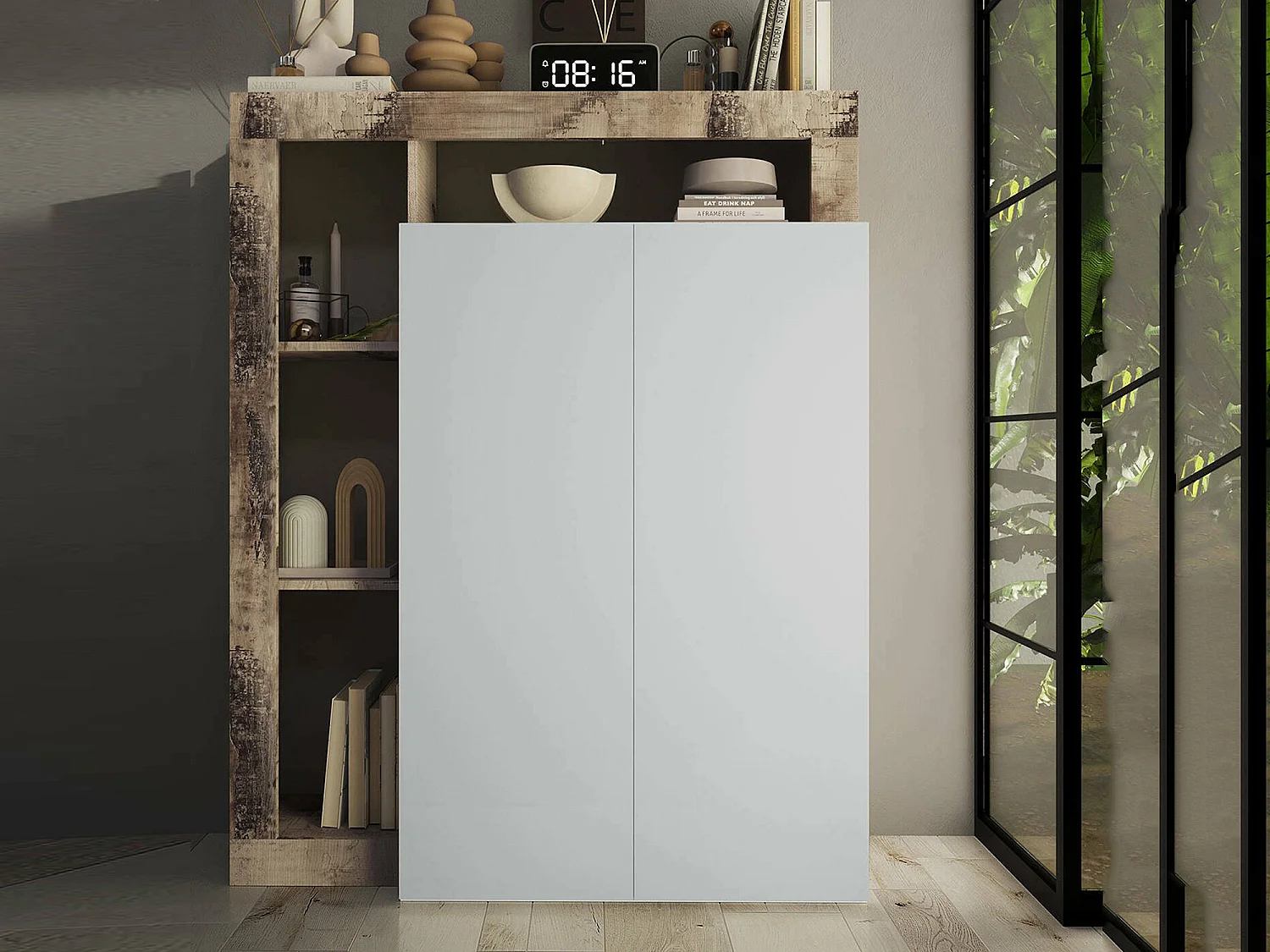 Armoire polyvalente à 2 portes Dbea, Meubles multifonctionnels, Support à chaussures, Made in Italy, 78x35 h116 cm, Blanc brillant et Chêne clair