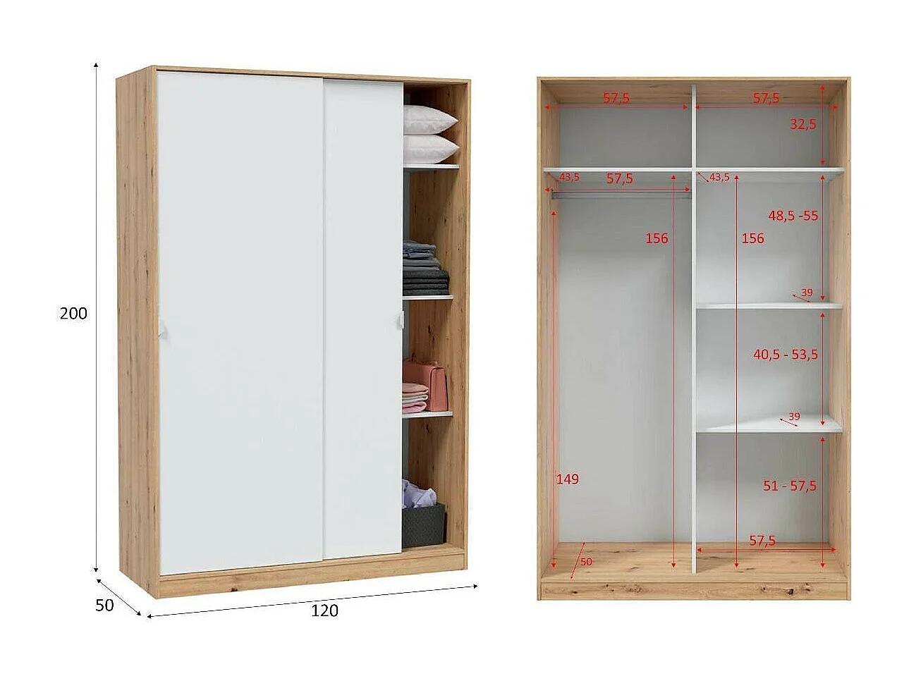 Roupeiro Dnoce, Roupeiro de quarto com 2 portas de correr, Armário com 3 prateleiras e varão, 120x50h200 cm, Branco e Carvalho Nó