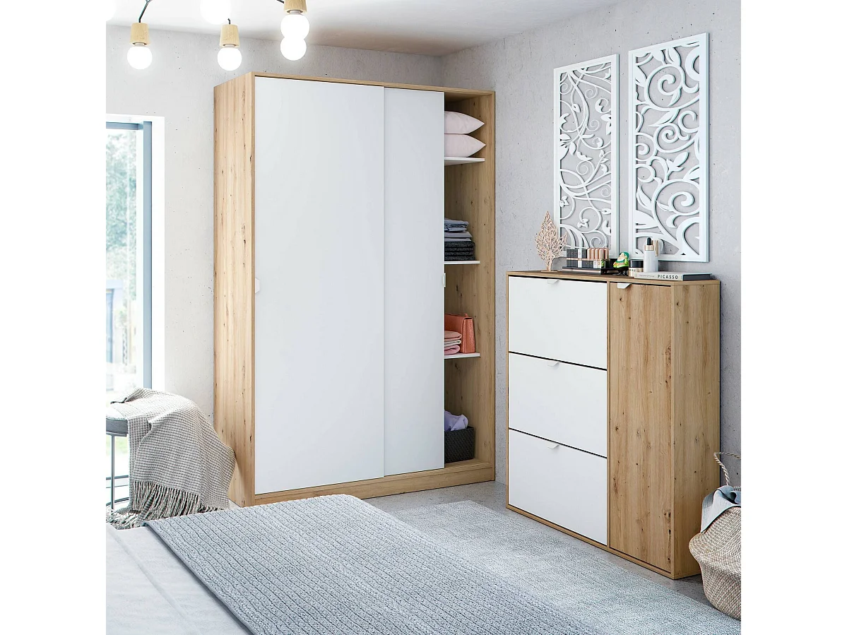 Armoire Dnoce, Armoire de chambre avec 2 portes coulissantes, Armoire avec 3 étagères et tringle à vêtements, 120x50h200 cm, Blanc et Chêne Noeud