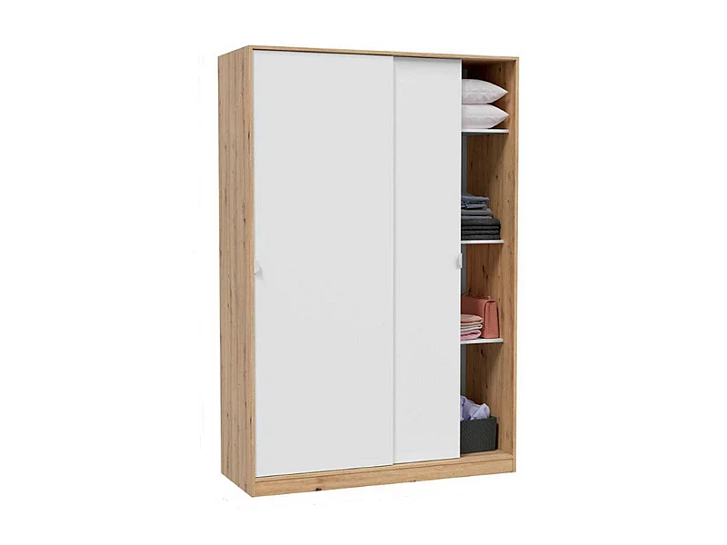 Guardarropa Dnoce, Armario dormitorio con 2 puertas correderas, Mueble con 3 baldas y barra perchero, 120x50h200 cm, Blanco y Roble Nodi