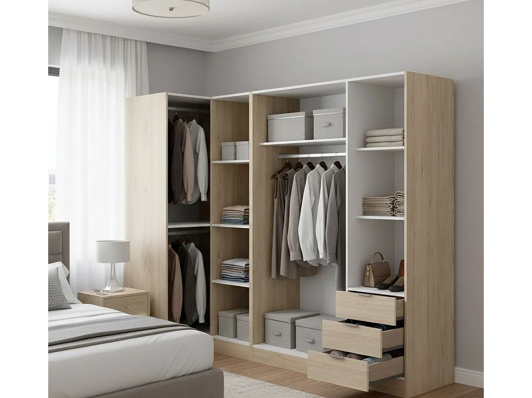 Dmezzan kledingkast, Hoekkast voor slaapkamer, Hoekkast met 5 draaideuren, 214x91h184 cm, Eiken