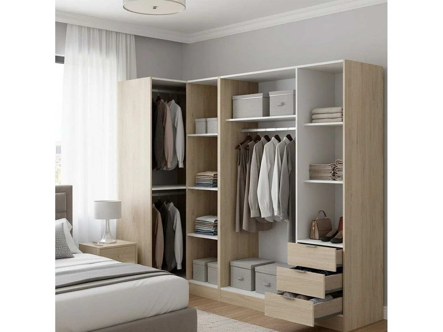 Armoire Dmezzan, Armoire d'angle pour chambre à coucher, Armoire d'angle avec 5 portes battantes, 214x91h184 cm, Chêne