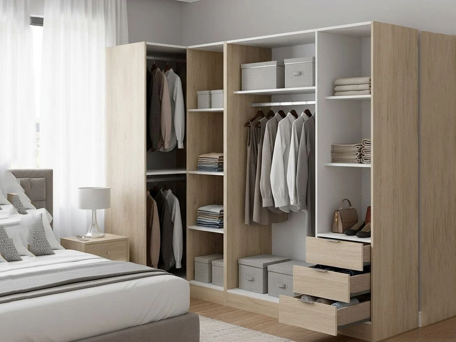 Armoire Dmezzan, Armoire d'angle pour chambre à coucher, Armoire d'angle avec 5 portes battantes, 214x91h184 cm, Chêne