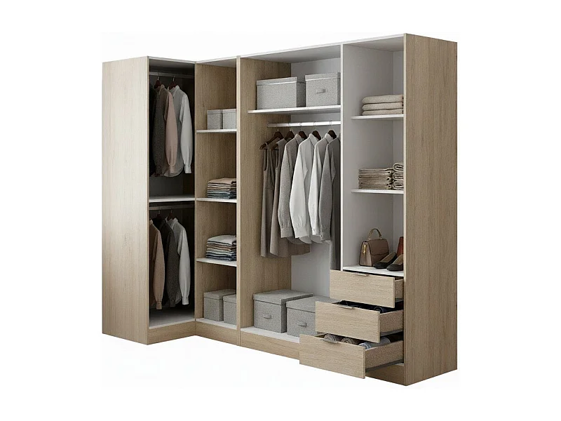 Dmezzan kledingkast, Hoekkast voor slaapkamer, Hoekkast met 5 draaideuren, 214x91h184 cm, Eiken