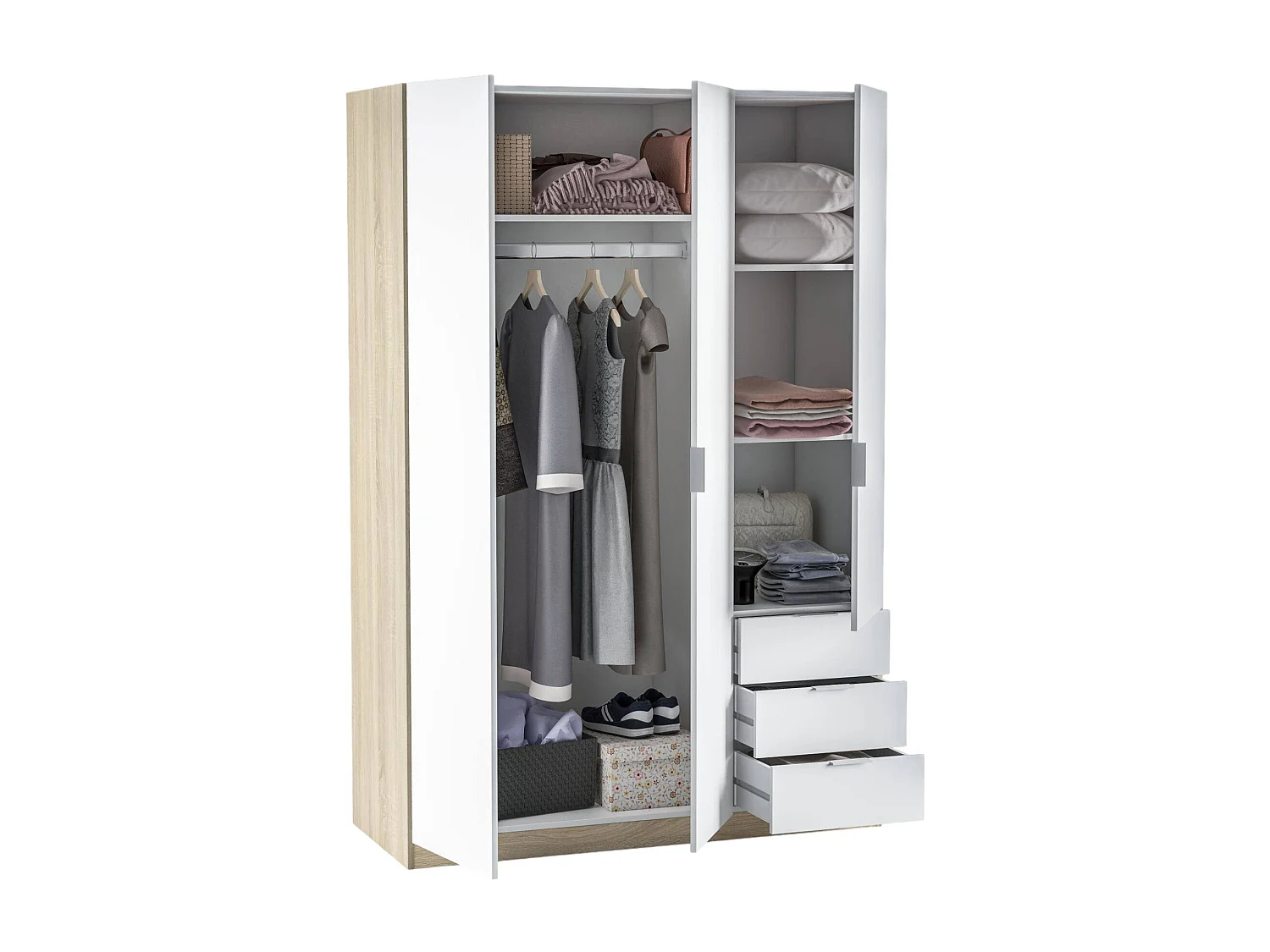 Garderobe Allentown, Schlafzimmerschrank mit 3 Türen und 3 Schubladen, Schrank mit Kleiderstange und 3 Einlegeböden, 121x52h180 cm, WeiÃŸ und Eiche