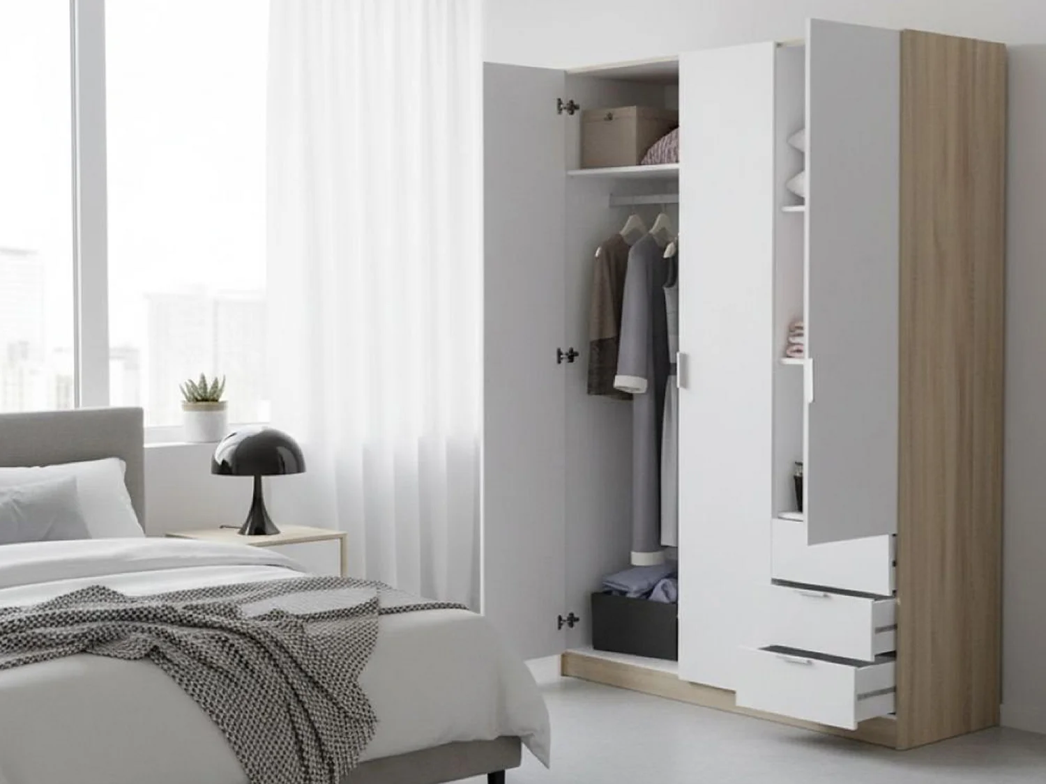 Armoire Allentown, Armoire de Chambre avec 3 Portes et 3 Tiroirs, Armoire avec Barre de Suspension et 3 Étagères, 121x52h180 cm, Blanc et Chêne