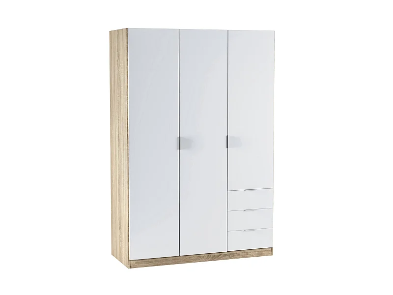 Armoire Allentown, Armoire de Chambre avec 3 Portes et 3 Tiroirs, Armoire avec Barre de Suspension et 3 Étagères, 121x52h180 cm, Blanc et Chêne