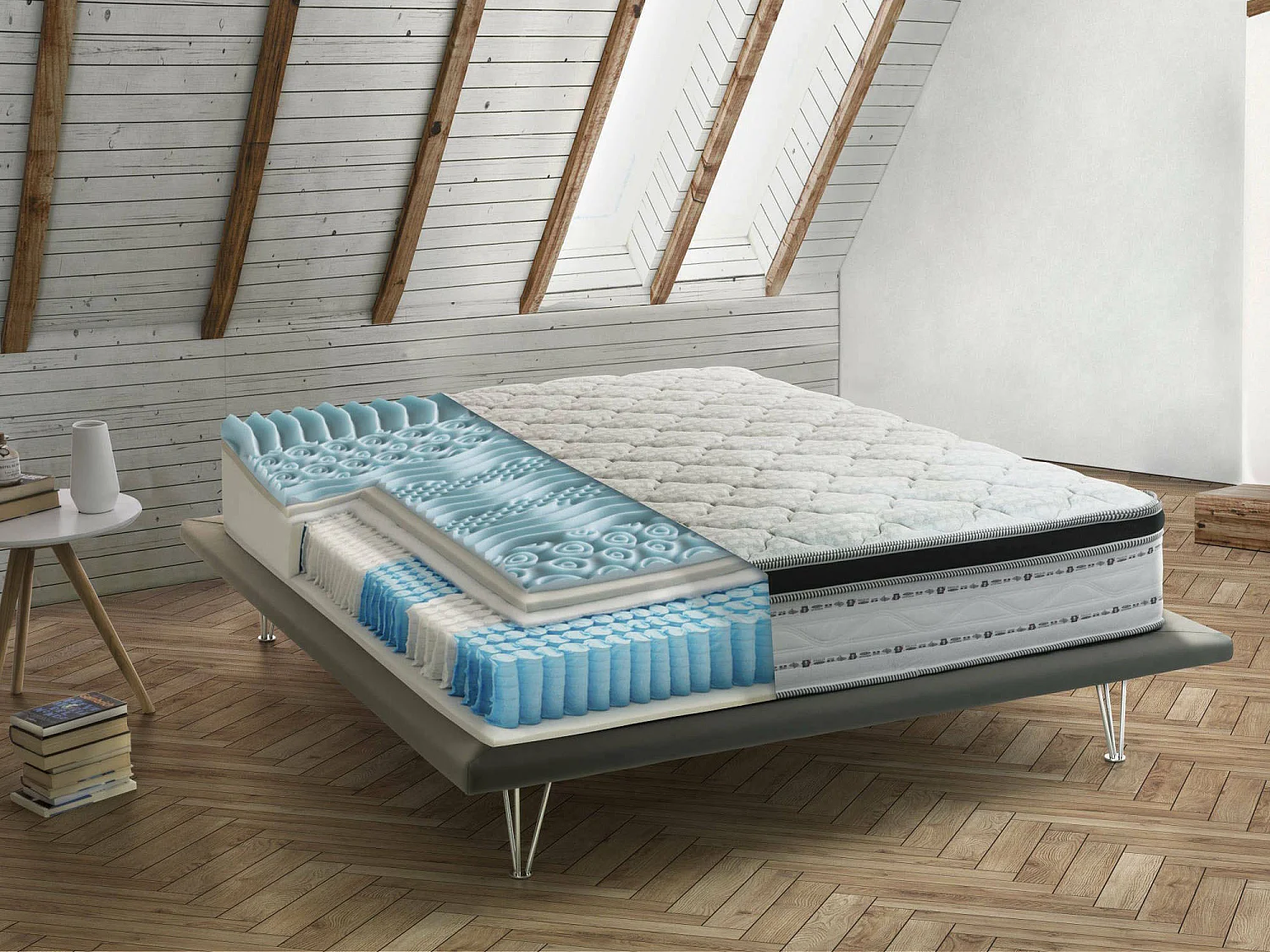 Matelas double Dmadonn, déhoussable en Memory Foam+Gel et ressorts ensachés, 100% Made in Italy, anti-acariens et hypoallergénique, 180x200h27 cm