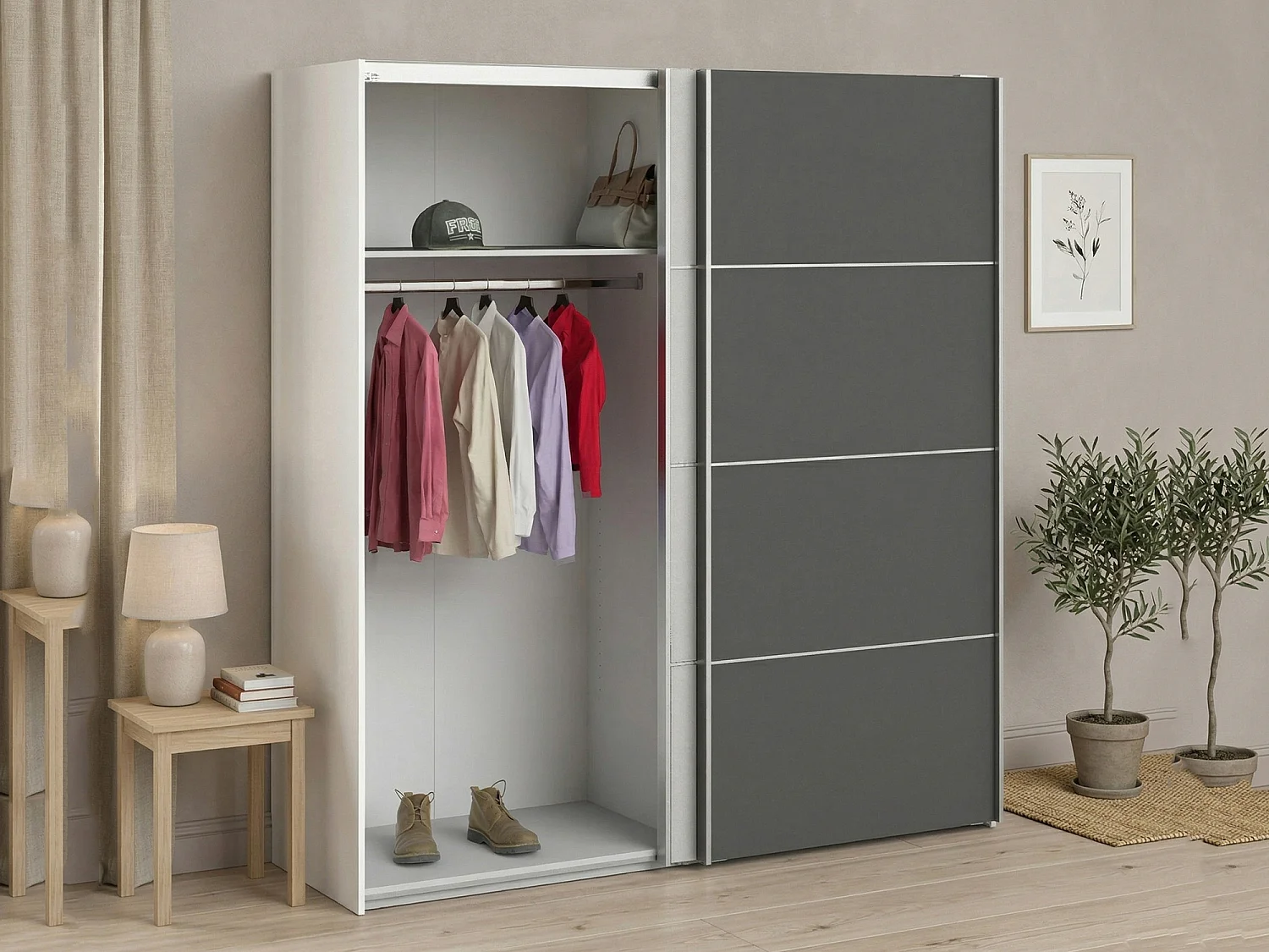 Garde-robe 2 portes Anela, Meubles de chambre, Penderie de plain-pied, Placard à vêtements, 182x64 h202 cm, Gris et Blanc
