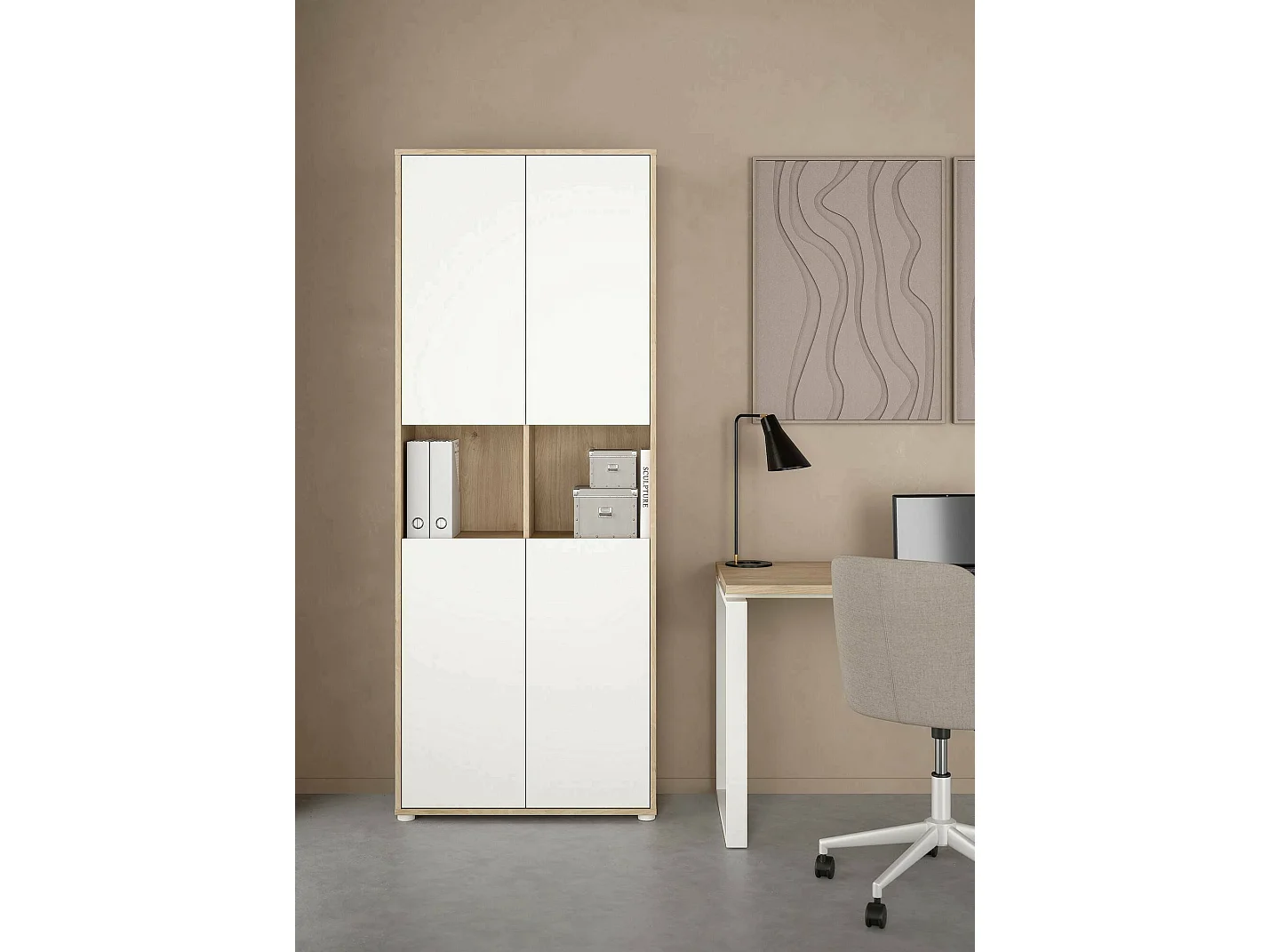 Bibliothèque Dtavca, Etagère de bureau, Porte-livre mobile, Librairie, 80x34 h205 cm, Chêne clair et Blanc