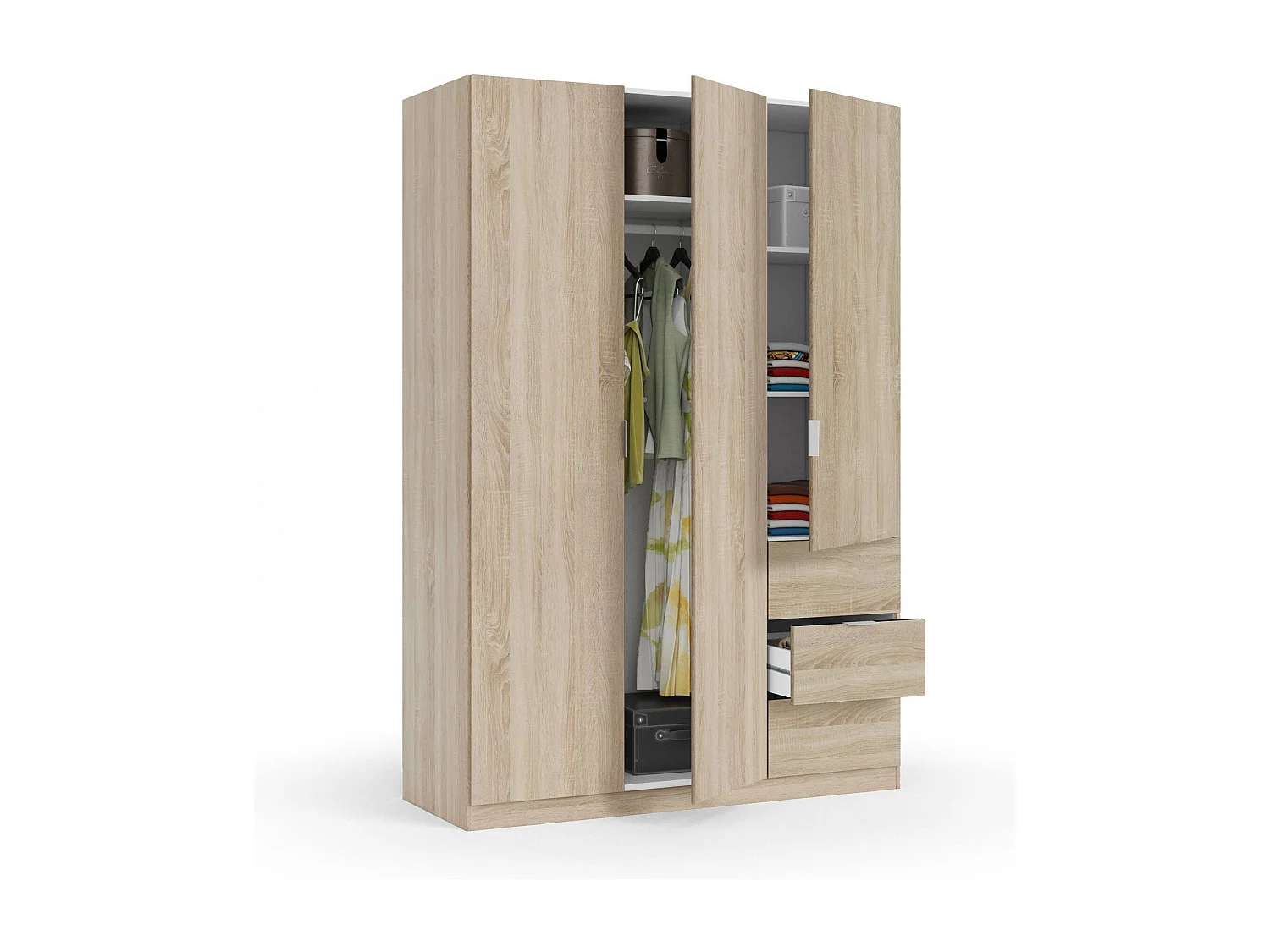 Guardarropa Fullerton, Armario dormitorio con 3 puertas y 3 cajones, Mueble con 3 baldas y barra perchero, 135x52h200 cm, Roble