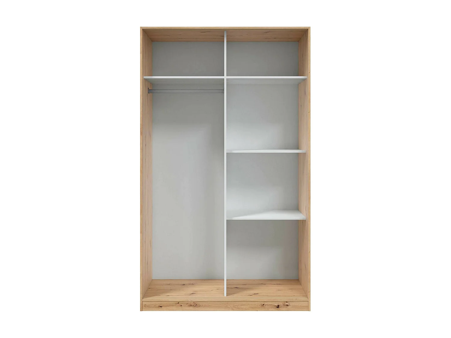 Garderobe Waterbury, Schlafzimmer Kleiderschrank mit 2 Schiebetüren, Schrank mit 3 Einlegeböden und Kleiderstange, 120x50h200 cm, WeiÃŸ und Eiche Nodi