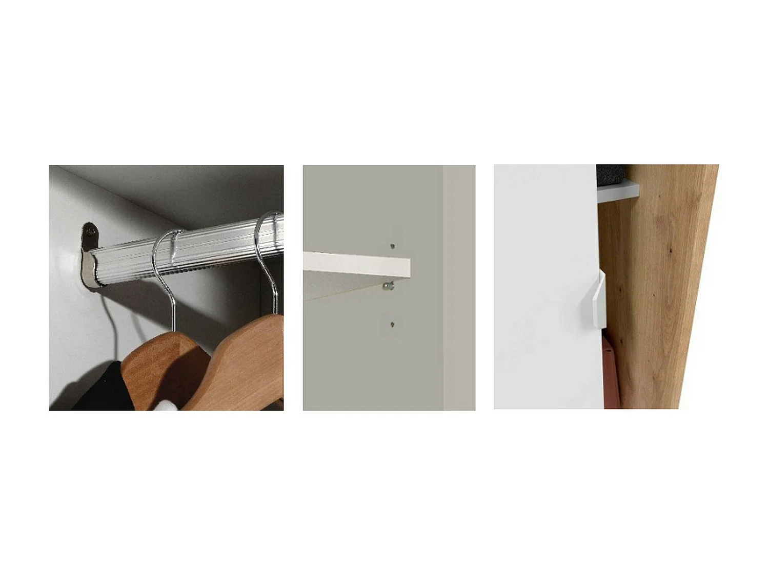 Garderobe Waterbury, Schlafzimmer Kleiderschrank mit 2 Schiebetüren, Schrank mit 3 Einlegeböden und Kleiderstange, 120x50h200 cm, WeiÃŸ und Eiche Nodi