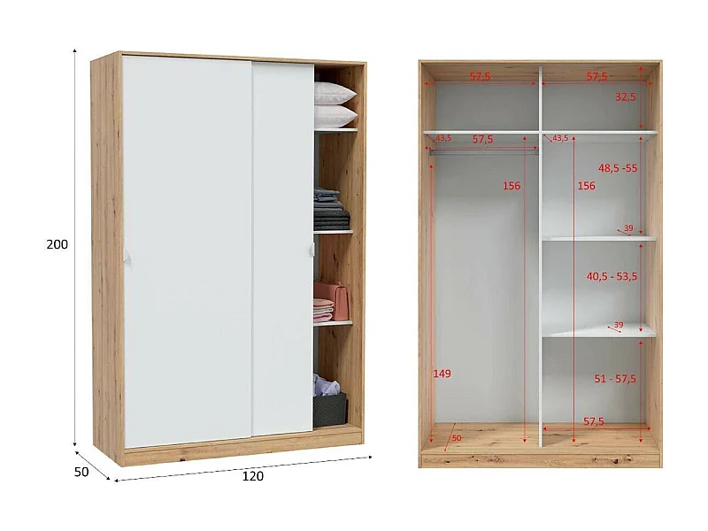 Roupeiro Waterbury, Roupeiro de quarto com 2 portas de correr, Armário com 3 prateleiras e varão, 120x50h200 cm, Branco e Carvalho Nó