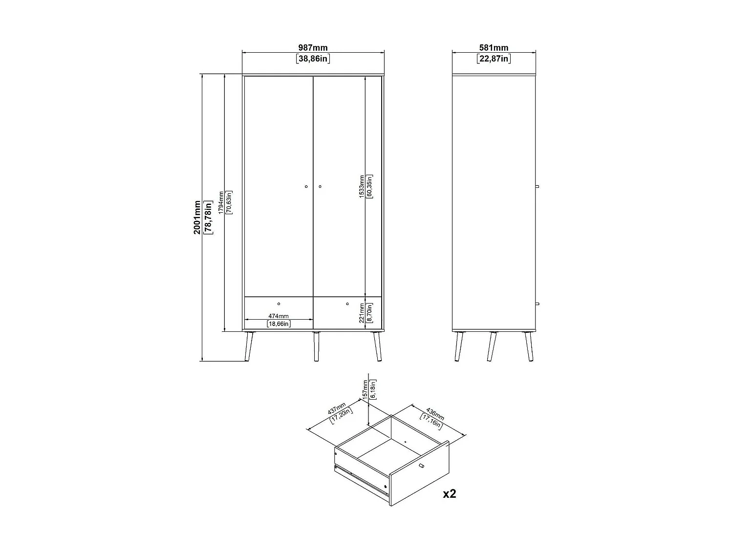 Garde-robe 2 portes Dscarp, Meubles de chambre, Penderie de plain-pied, Placard à vêtements, 99x58 h200 cm, Blanc