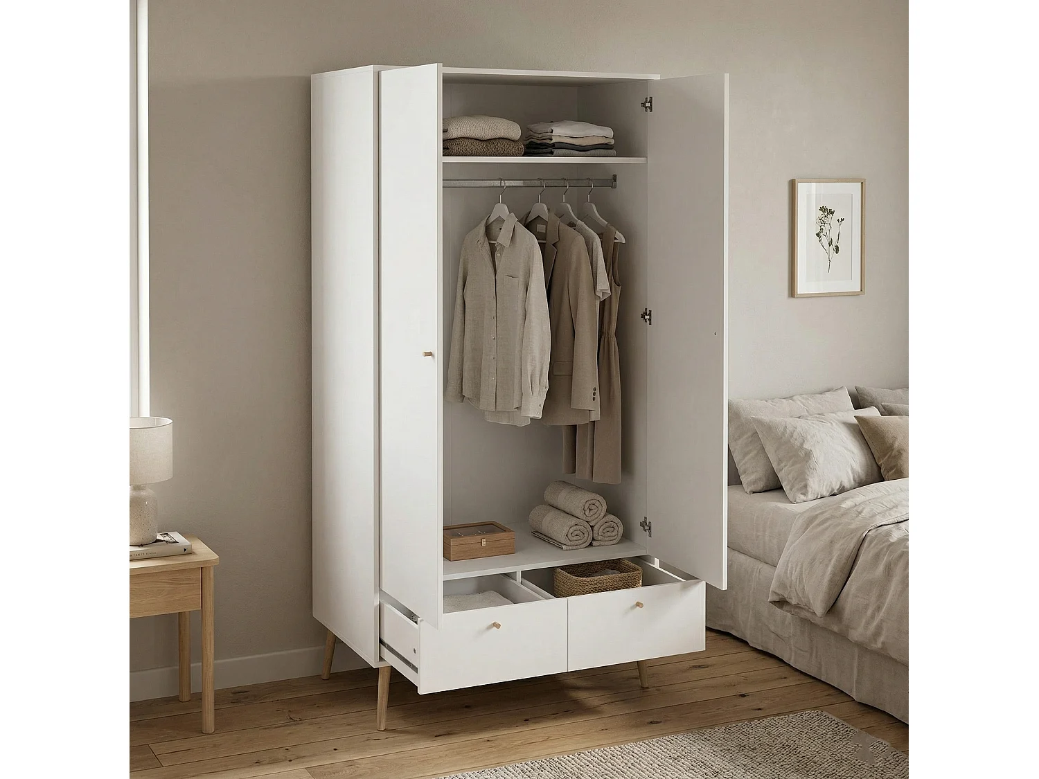 Garde-robe 2 portes Dscarp, Meubles de chambre, Penderie de plain-pied, Placard à vêtements, 99x58 h200 cm, Blanc