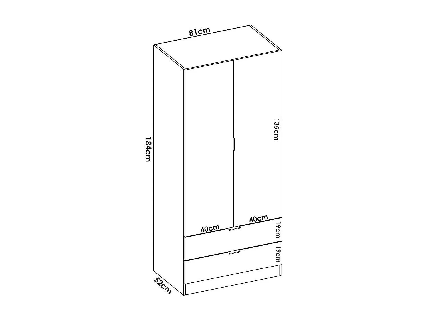 Kleiderschrank Pisanino, Garderobe für Schlafzimmer, Kleiderschrank mit 2 Flügeltüren und 2 Schubladen, 81x52h184 cm, WeiÃŸ