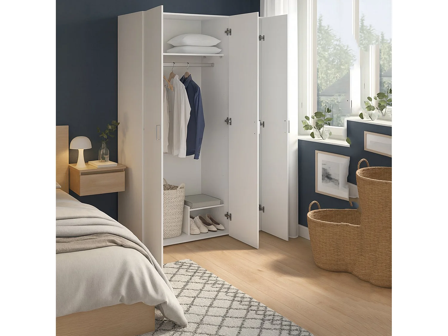 Armoire Ruffano 3 portes, penderie, 115x49 cm blanc, armoire de chambre, 5 étagères, ouverture battante