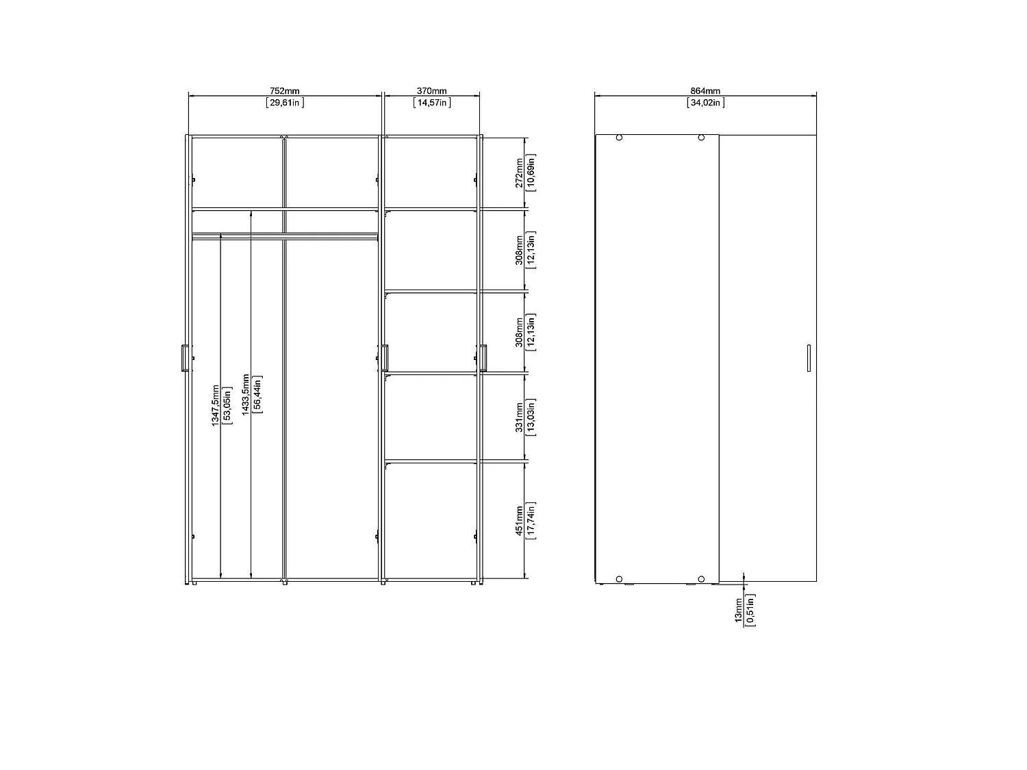 Ruffano 3-deurs kledingkast, kapstok, 115x49 cm wit, slaapkamerkast, 5 legplanken, draaideuren