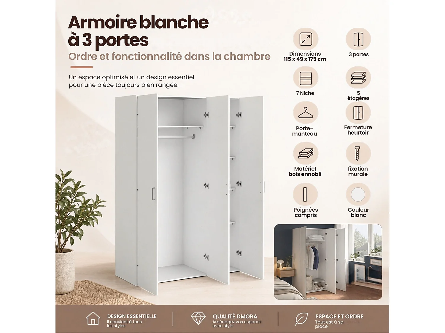 Armoire Ruffano 3 portes, penderie, 115x49 cm blanc, armoire de chambre, 5 étagères, ouverture battante