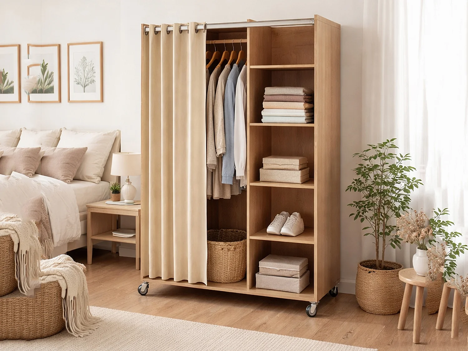 Grande Garde-robe Dsesi, Meubles de chambre, Penderie de plain-pied, Placard à vêtements, 100x48 h160 cm, Chêne clair et Beige