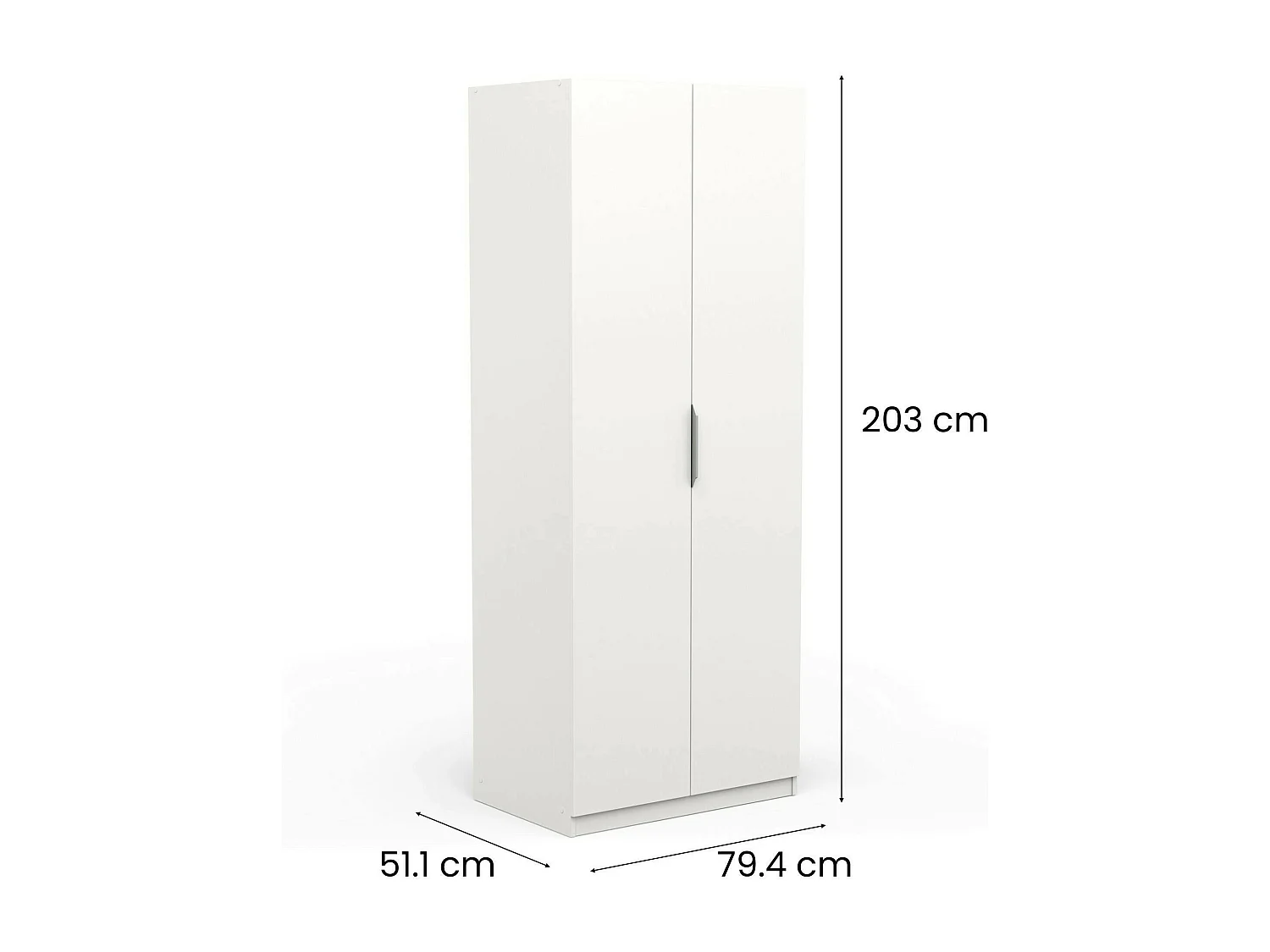 Kleiderschrank 2 Türen Djakobsso, Schlafzimmermöbel, Schrank, Garderobe, 79x51 h203 cm, MattweiÃŸ