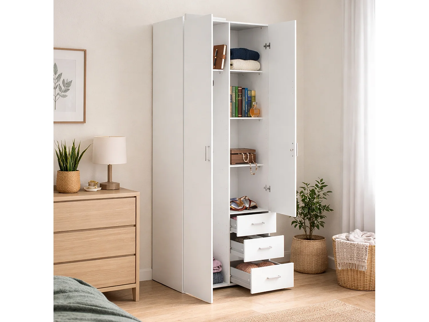 Garde-robe 2 portes Dscaratt, Meubles de chambre, Penderie de plain-pied, Placard à vêtements, 77x50 h200 cm, Blanc
