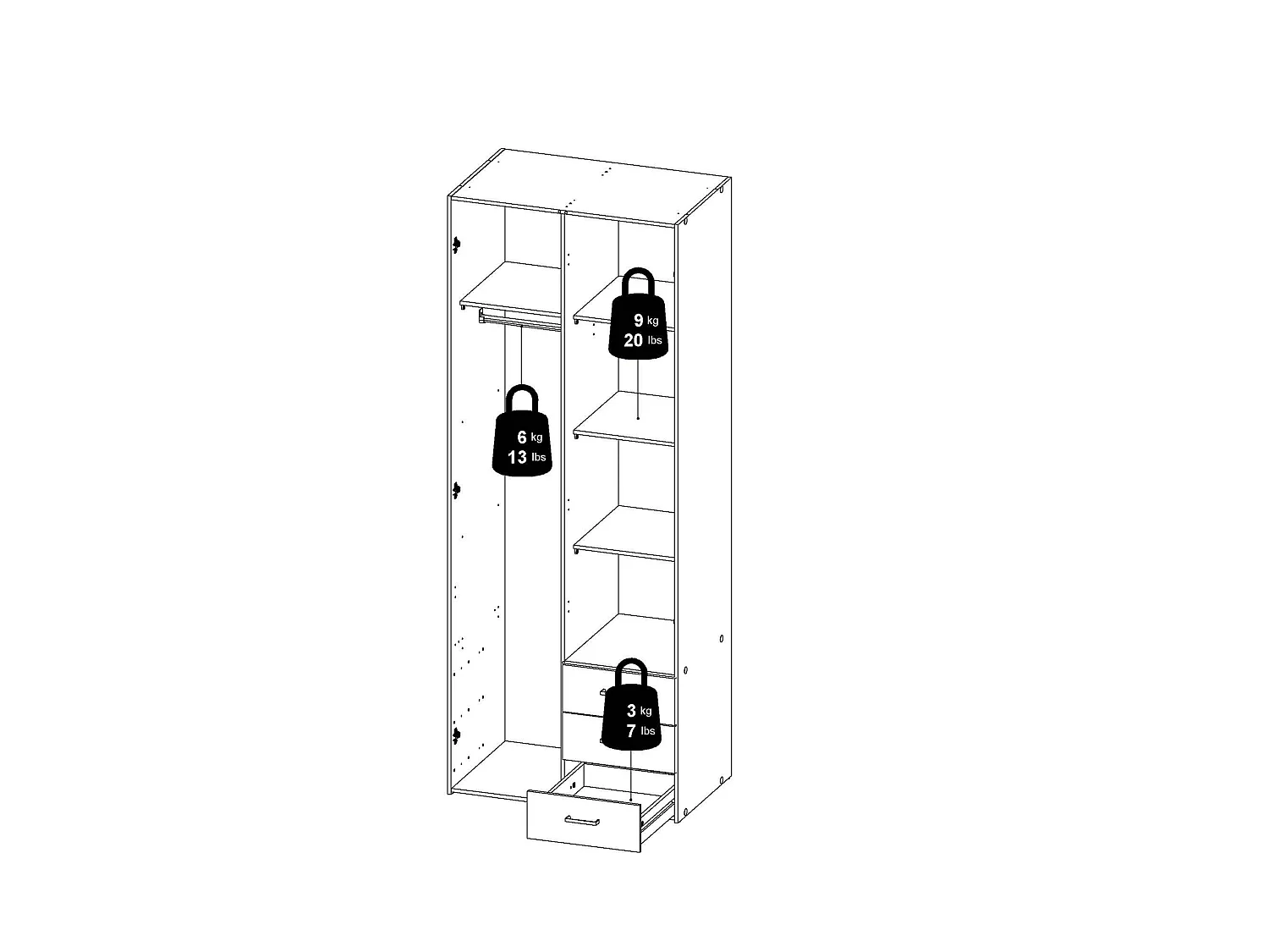 Kleiderschrank 2 Türen\ 2 Türen\ Dscaratt, Schlafzimmermöbel, Schrank, Garderobe, 77x50 h200 cm, WeiÃŸ