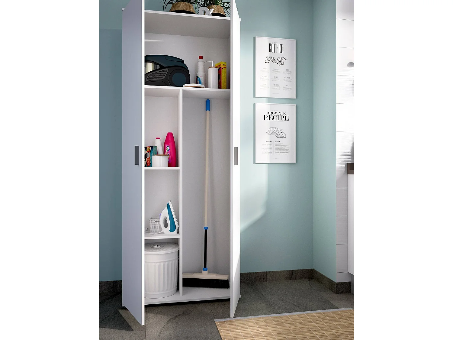 Armário multiuso Ddeiol, Armário porta vassouras multifuncional, Armário com 2 portas, 78x35h190 cm, Branco