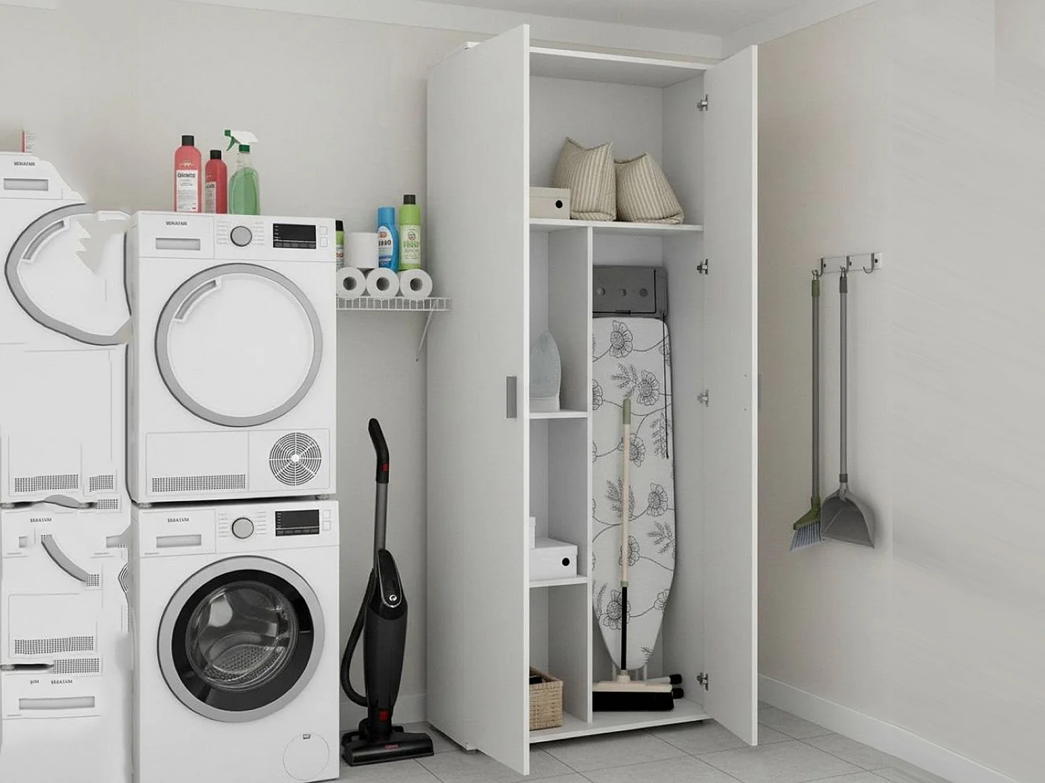 Armário multiuso Ddeiol, Armário porta vassouras multifuncional, Armário com 2 portas, 78x35h190 cm, Branco