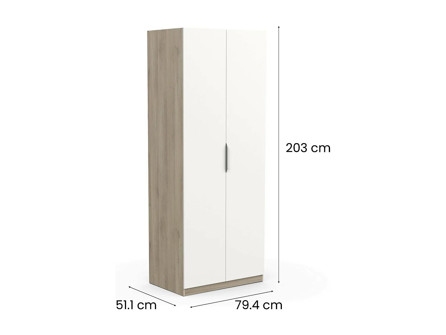 Garde-robe 2 portes Djakobsso, Meubles de chambre, Penderie de plain-pied, Placard à vêtements, 79x51 h203 cm, Chêne clair et Blanc mat