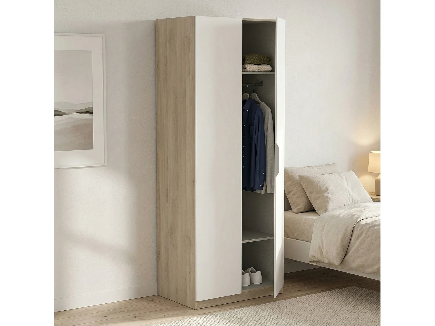 Garde-robe 2 portes Djakobsso, Meubles de chambre, Penderie de plain-pied, Placard à vêtements, 79x51 h203 cm, Chêne clair et Blanc mat