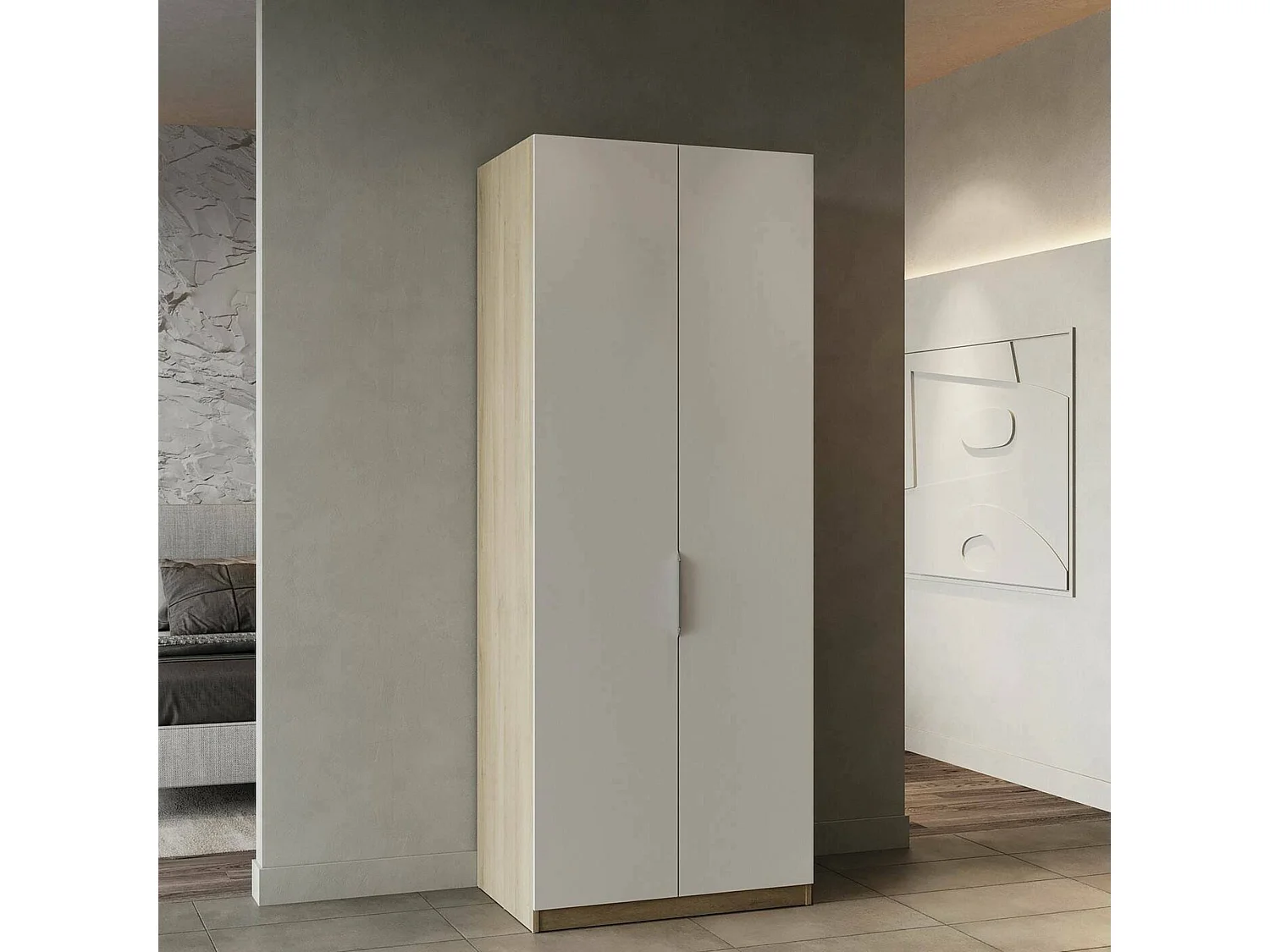 Garde-robe 2 portes Djakobsso, Meubles de chambre, Penderie de plain-pied, Placard à vêtements, 79x51 h203 cm, Chêne clair et Blanc mat