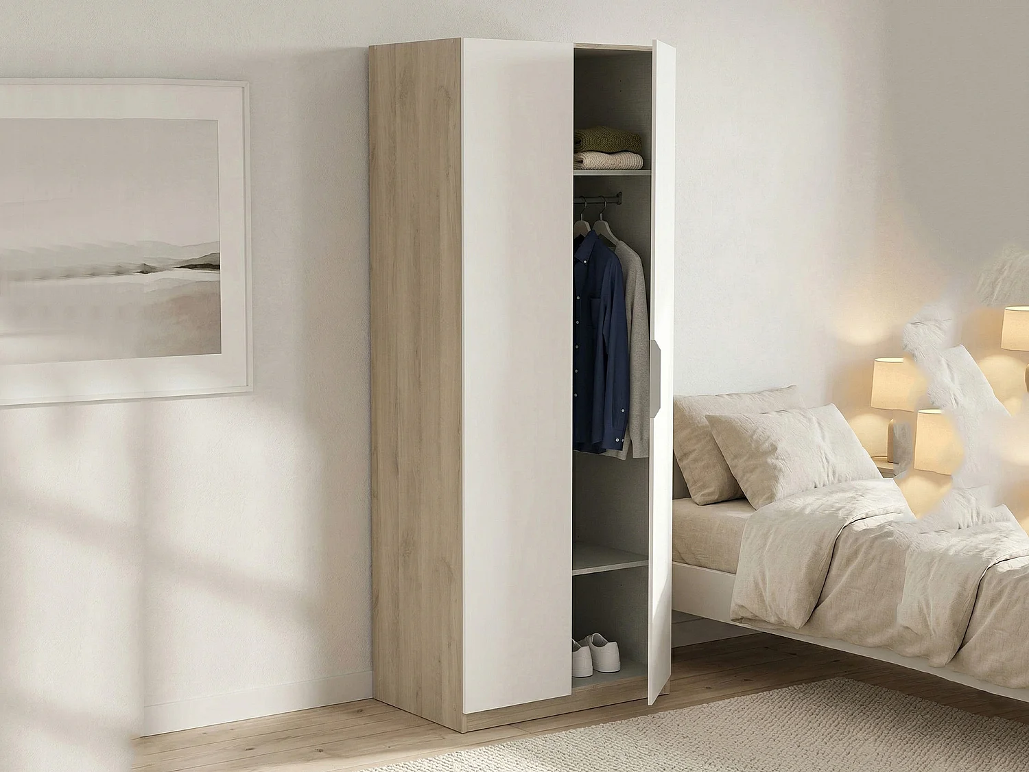 Garde-robe 2 portes Djakobsso, Meubles de chambre, Penderie de plain-pied, Placard à vêtements, 79x51 h203 cm, Chêne clair et Blanc mat