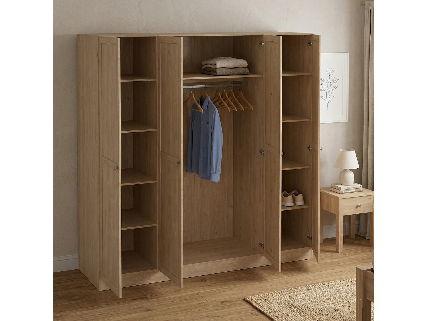 Grande Garde-robe Dserr, Meubles de chambre, Penderie de plain-pied, Placard à vêtements, 196x62 h200 cm, Chêne clair