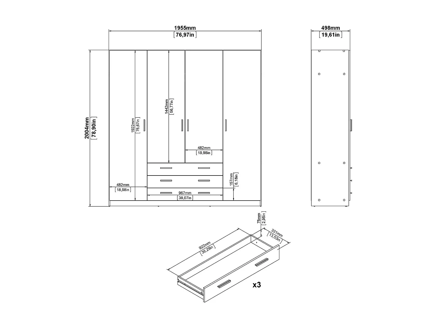GroÃŸer Kleiderschrank Dserafin, Schlafzimmermöbel, Schrank, Garderobe, 196x50 h200 cm, WeiÃŸ