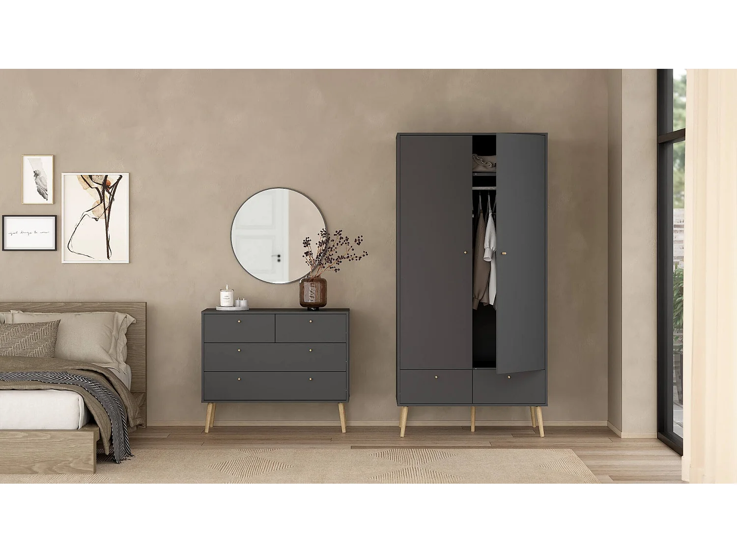 Garde-robe 2 porte Dcarp, Meuble de chambre, Penderie de plain-pied, Placard à vêtement, 99x58 h200 cm, Gri