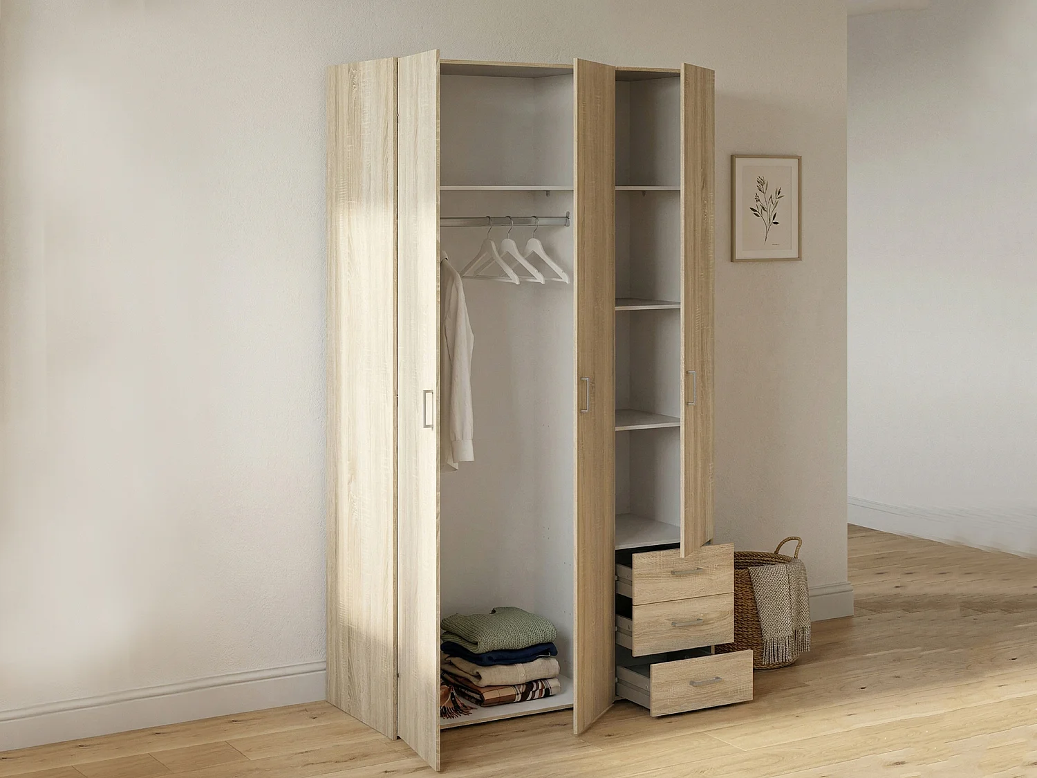 Garde-robe 3 portes Dsemplic, Meubles de chambre, Penderie de plain-pied, Placard à vêtements, 116x50 h200 cm, Chêne