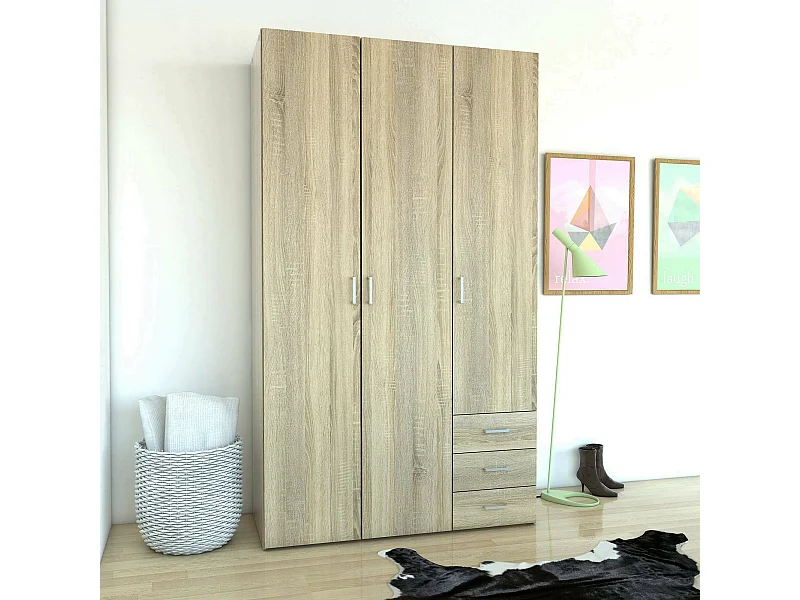 Guardaroba 3 Ante Aquilone, 3 Cassetti, 49.5x115.8 cm Marrone Quercia, Armadio Camera da Letto