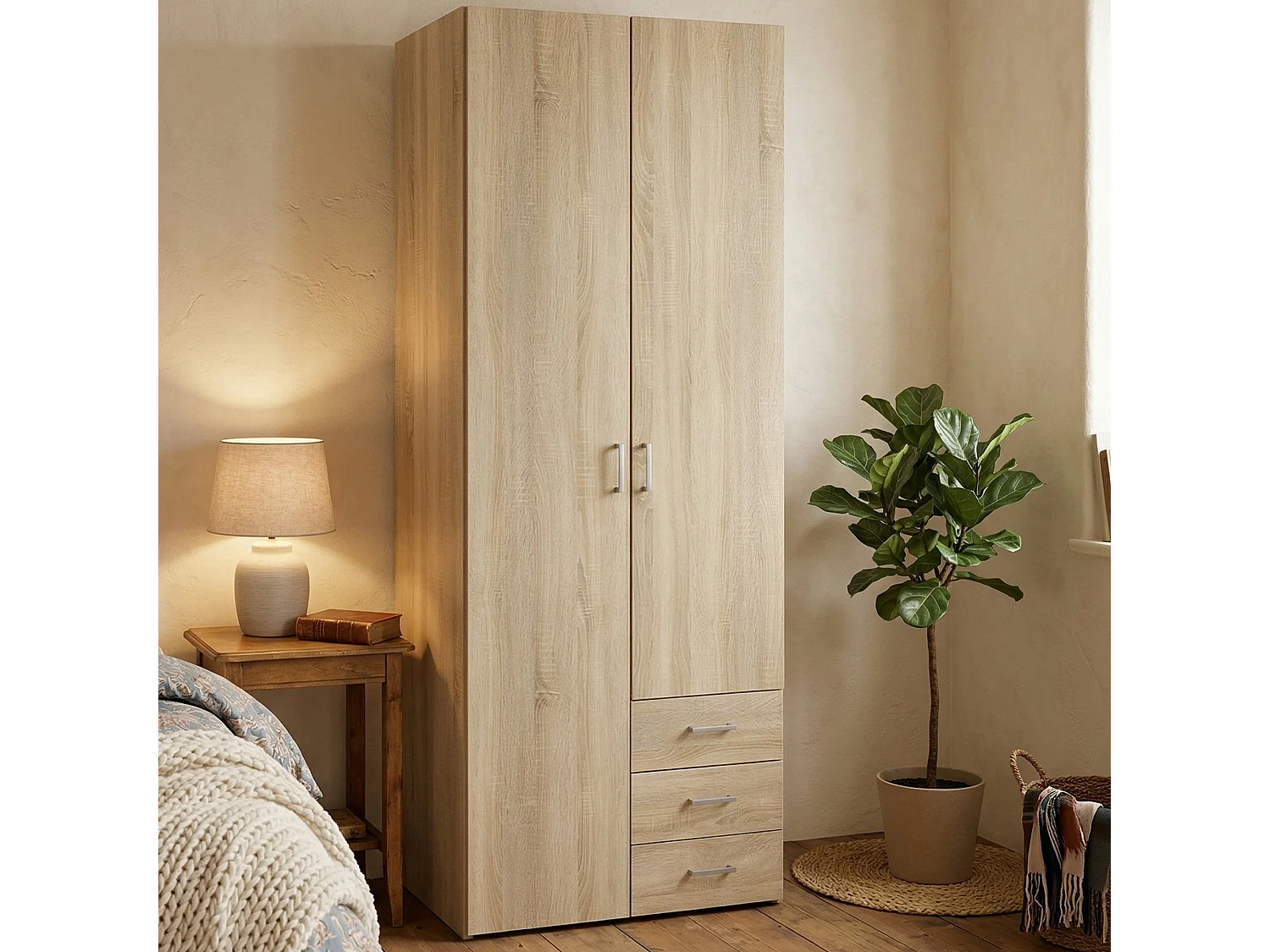 Garde-robe 2 portes Dscaratt, Meubles de chambre, Penderie de plain-pied, Placard à vêtements, 78x50 h200 cm, Chêne