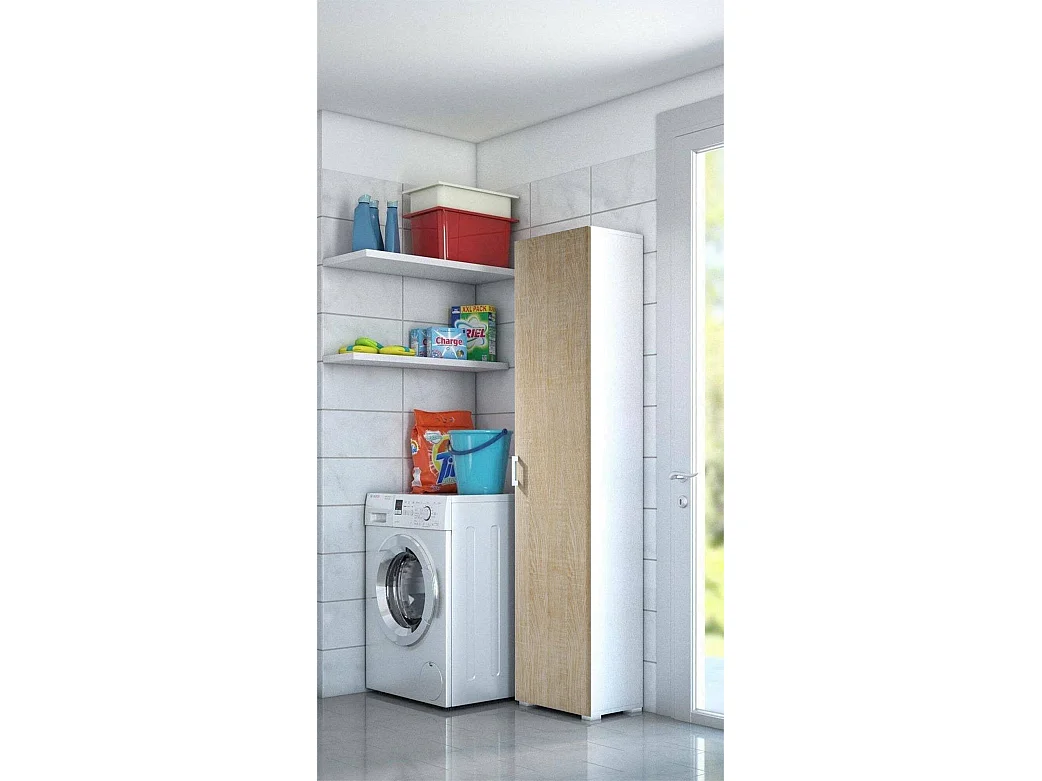 Dacaci multifunctionele kledingkast, lineaire kast met 1 draaideur en 4 verstelbare planken, kolomkast voor badkamer, 100% Made in Italy, 45x45h195 cm, eiken en wit